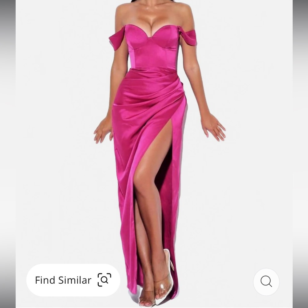 MISS CIRCLE Zarah High Slit Corset Satin Dress In Fuchsia  Ruched Maxi Length